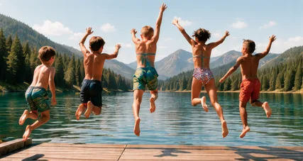 Kids jumping off a dock into a lake